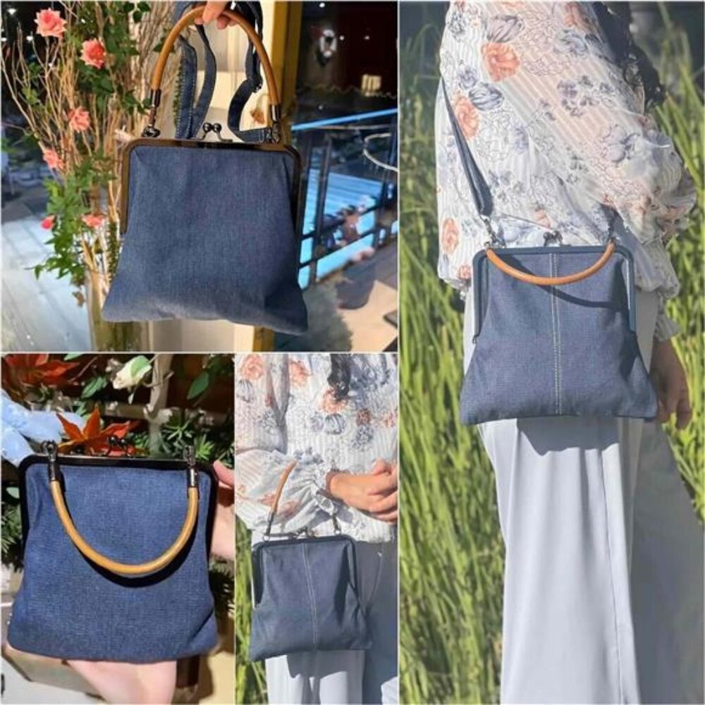 Denim Crossbody Tote Bags For Women, Mini Blue Denim Totebag Kiss Lock Purses - Picture 2 of 7